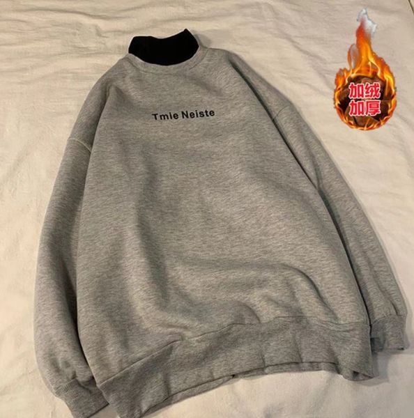 

gangfeng 2021 new plus velvet semi-tall necklace men's clothes in the autumn and warm winter loose joker 1hym, Black