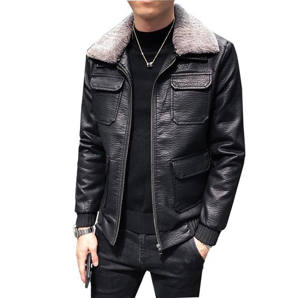 

men's fur & faux xiu luo winter brand fashion youth wild wash leather jacket coat motorcycle clothing slim size xxxl, Black