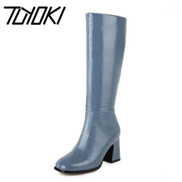 

tuyoki size 32-43 women high heel boots patent leather thick heel women knee high boots fashion cool winter shoes1, Black