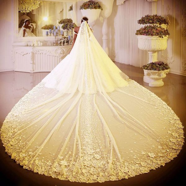 Splendidi veli da sposa in rilievo 4M di lunghezza cattedrale lunghezza uno strato fiori 3D bordo applicato velo da sposa per accessori per capelli da donna