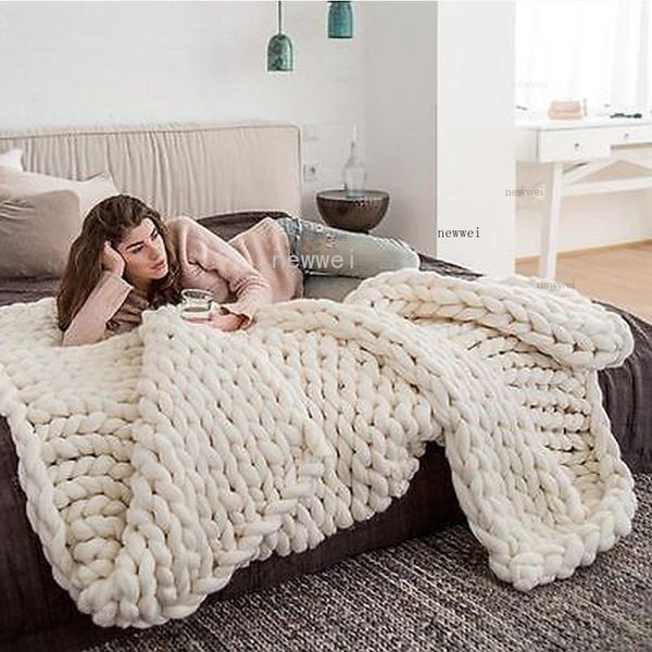 

hand chunky knitted blanket thick yarn merino wool bulky knitting throw blankets nordic chunky knitted blanket dropshipping