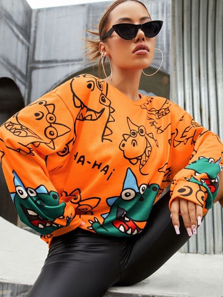 

letter & cartoon dinosaur print drop shoulder pullover b6g0#, White;black