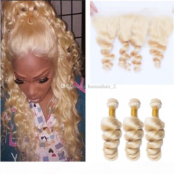 

new arrive blonde human hair with lace frontal closure #613 platinum blonde loose wavy hair bundles with 13*4 ear to ear lace frontals, Black;brown