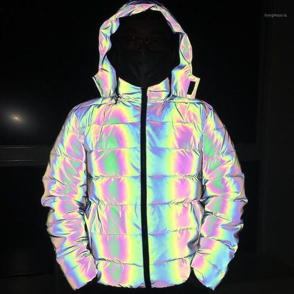 

detachable hooded reflective jacket loose glowing winter women luminous casual coat padded hoodies warm streetwear coat1, Black