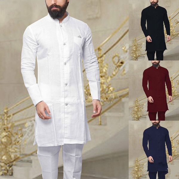 

muslim fashion shirt men jubba thobe arabic abaya islamic traditional clothing robe party solid color stand collar kaftan, Red