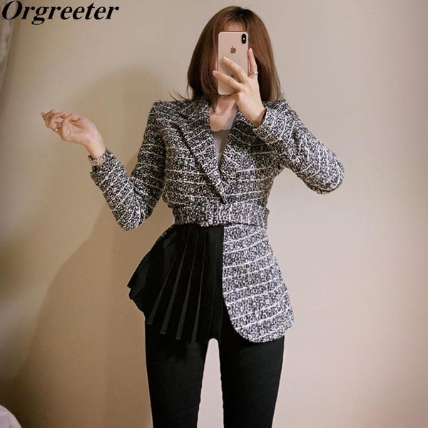 

women's wool & blends spring fall female turn-down collar long sleeve patchwork panelled pleated hem irregular woolen suit coat work we, Black