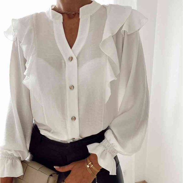 

women blouse solid color ruffle blouses single-breasted shirt stand neck pullover office lady casual long sleeve shirt, White