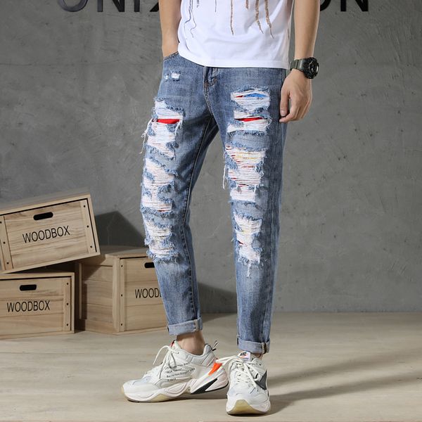 

2021 new jeans ripped for men patched thin patches pants blue hip light spring 4ol1