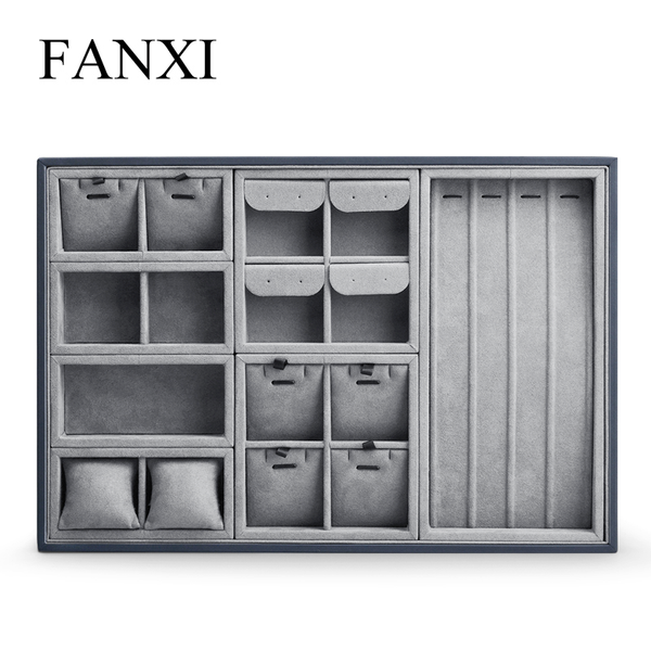 

fanxi jewelry display tray velvet ring necklace organizer tray gray bracelet display storage case multifunctional necklace box, Pink;blue