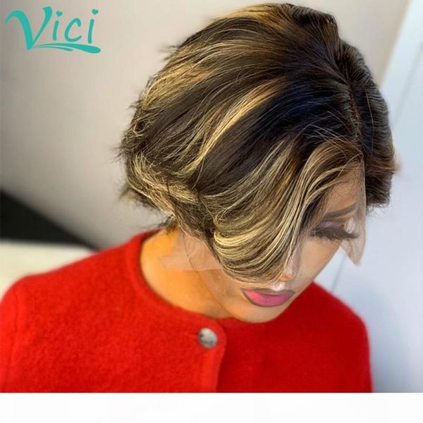 

1b 30 highlight lace front human hair wigs for black women 13x4 colored pixie cut wig short bob ombre human hair wig pre plucked, Black;brown