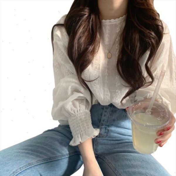 

2021 new sweet women chiffon round neck summer solid color lace long sleeved puff sleeve lace bottoming blouse casual, White