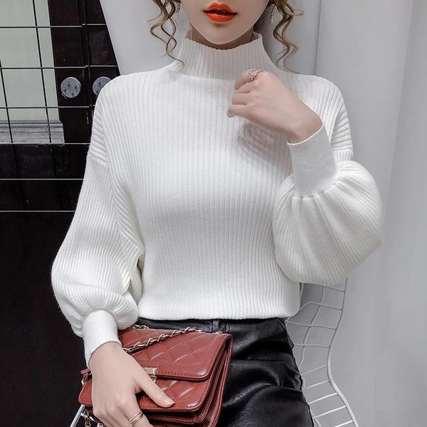 

women's sweaters women solid base sweater jumper girls soft casual full lantern sleeve turtleneck pullovers for female gt318, White;black