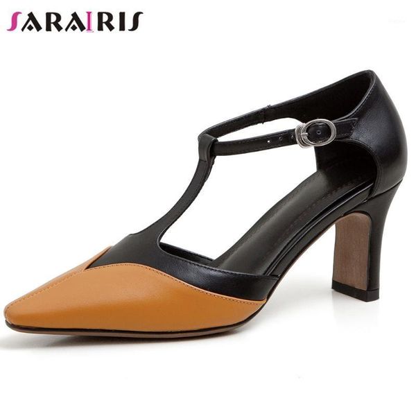 

sarairis female summer genuine leather sandals high heels sandals women elegant mixed-color t-strap shoes woman1, Black
