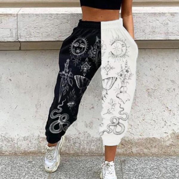 

2020 women hip hop sweatpants skull print patchwork pants 2020 autumn elastic waist pocket overalls casual streetwear joggers, Black;white