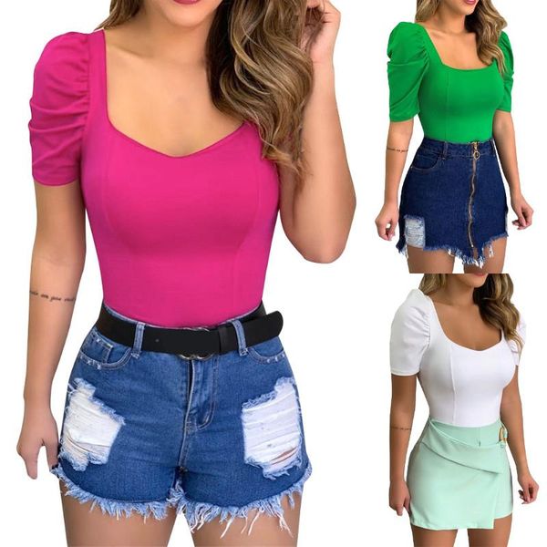 

square collar womens blouses and 2020 spring summer pleated short sleeve shirt ladies solid fashion streetwear blouse, White