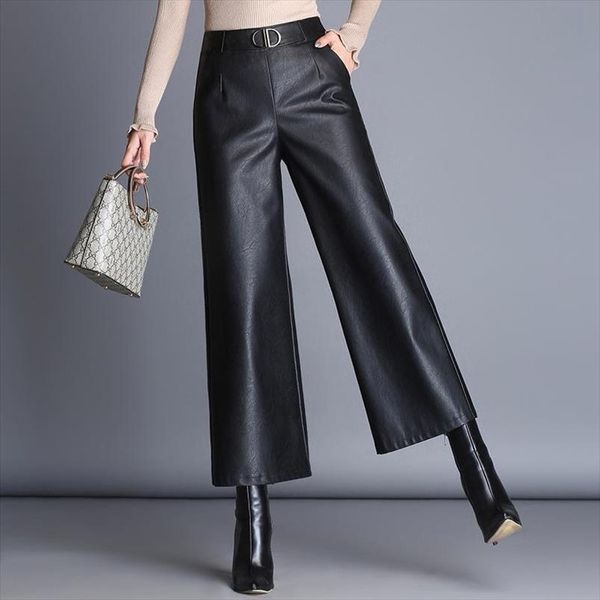 

plus size 2020 high waist black pu baggy pants women korean office ladies elegant wide leg pants faux leather womens trousers, Black;white