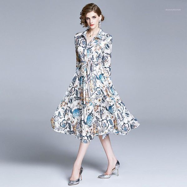 

casual dresses fashion designer flowers printed shirt dress summer women elegant turn down collar three quarter high waist draped midi dress, Black;gray