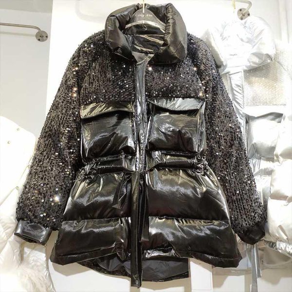 

women's down & parkas [ewq] 2021 winter cotton padded clothes coat korean loose waist warm bread jacket female silver parka qz4201, Black