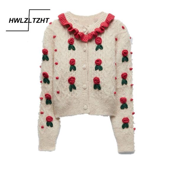 

women's knits & tees hwlzltzht women 2021 sweet coat fashion floral knitted jumper sweater vintage v neck long sleeve female outerwear, White