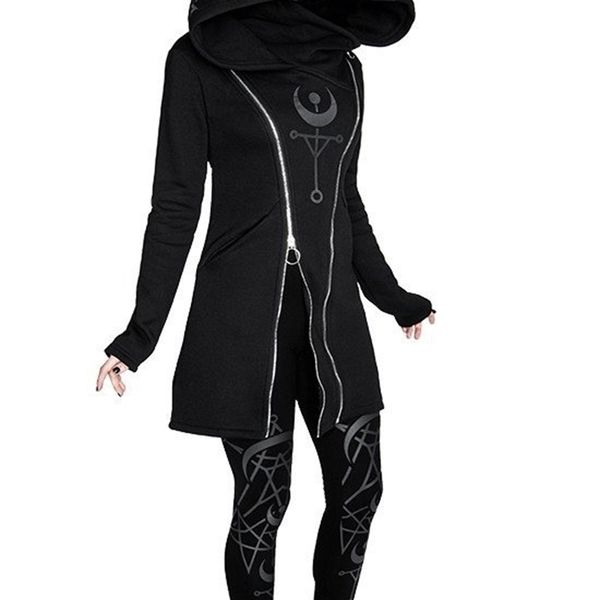 

2020 women's zipper punk print style long sleeve black hoodies hooded double hoodie rsusw