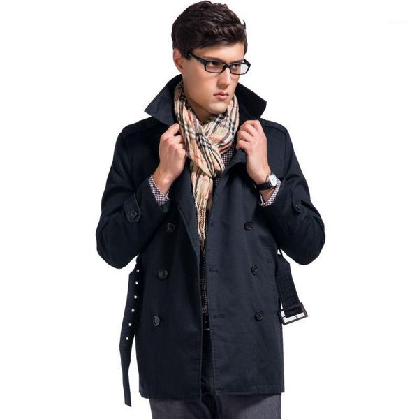 

lesmart men's trench coat fashion business casual cotton polyester solid double breasted long sashes slim fit all-match1, Tan;black