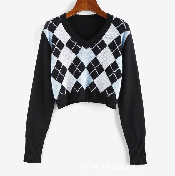 

women fashion sweater women cute argyle v neck crop sweaters popular streetwear blue pink khaki colors size s  l xl, White;black