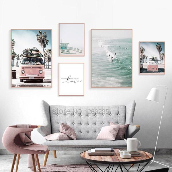 

cuadros decoracion sea scenery coconut tree wall art pink bus nordic poster beach pictures living room canvas painting unframed1