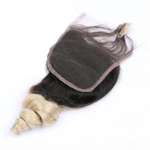 

virgin brazilian human hair blonde ombre loose wave 4x4 lace front closure with baby hairs #1b 613 dark root ombre closure pieces, Black;brown