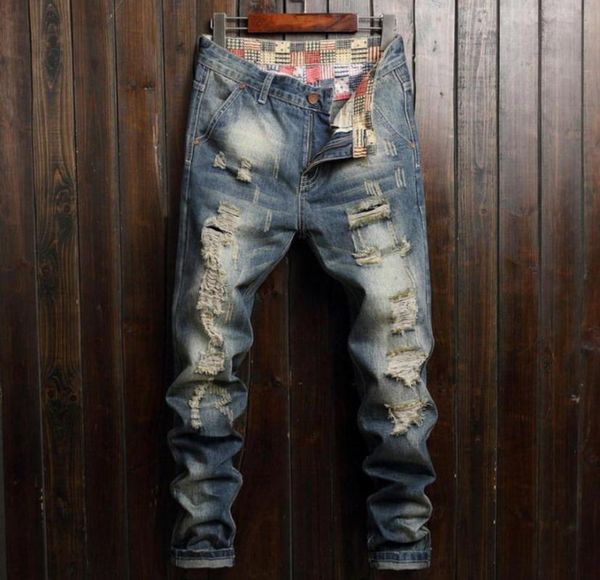 

men's trendy ripped jeans autumn new korean style straight personality street hip-hop cool student suit pants winter, Blue