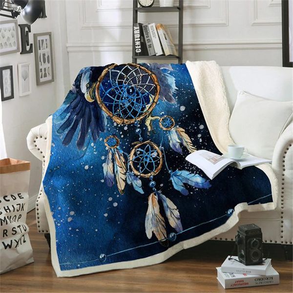 

dreamcatcher sherpa fleece blanket feather blue plush throw blankets for kids thin soft quilt drop shipping