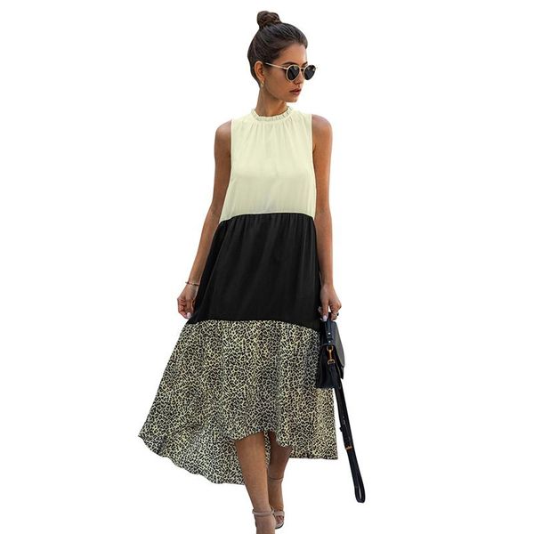 

casual dresses patchwork long summer dress for women leopard print loose plus size vestidos sleeveless o neck a line female 2021, Black;gray