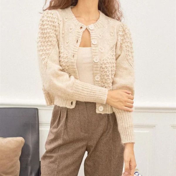 

women's knits & tees women hollow out knitted sweater 2021 autumn winter puff sleeve single-breasted cardigan female o-neck knitwear to, White