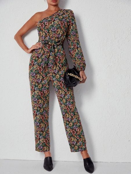 

floral print one shoulder belted jumpsuit b5ef#, White
