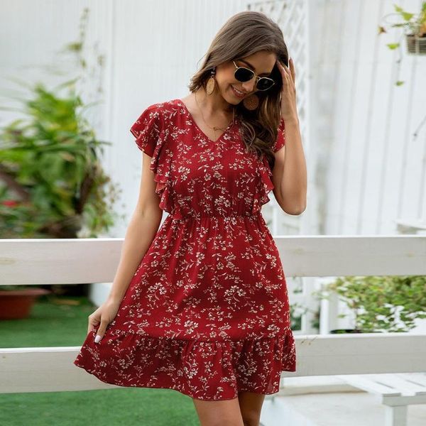 

cover-ups 2021 summer dress women's casual v-neck bohemian floral print ruffled sleeve loose mini female holiday beach dresses1