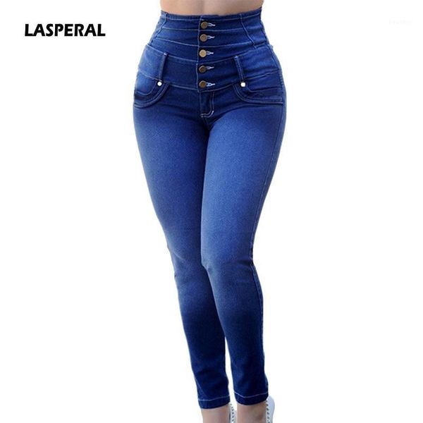 

lasperal women spring stretch high waist casual straight-breasted jeans femme slim solid denim plus size 3xl jeans pants 20191, Blue