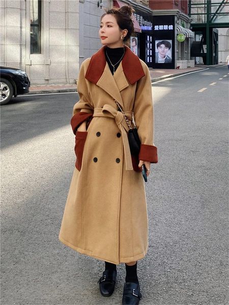 

women's wool & blends retro double breasted woolen coat korean clothes slim high-end lady fall winter mid length windbreaker jacket y62, Black