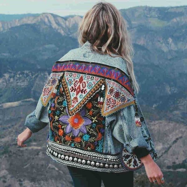 

boho denim jacket for women autumn floral appliques embroidery vintage coat long sleeve outerwear female jacket coatee b025 201023, Black;brown