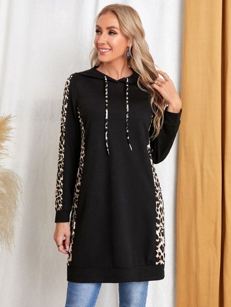

emery rose contrast leopard panel drawstring hoodie t4gl#, White;black