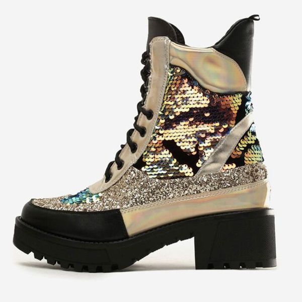 

women's fashion boots sequined platform shoes square high heels autumn thick bottom ankle boots women brand motorcycles1, Black