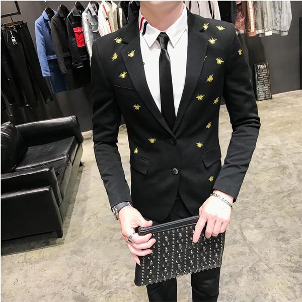 

gold bee embroidery mens black slim fit man suit for men groom wedding dress terno masculino1, White;black