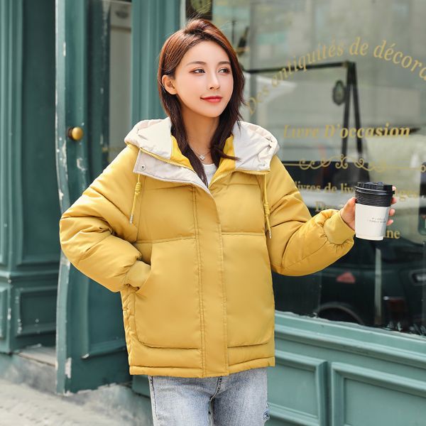 

6 colors available winter down coat for women loose hooded female padded jacket short solid ladies puffer jacket 201019, Black