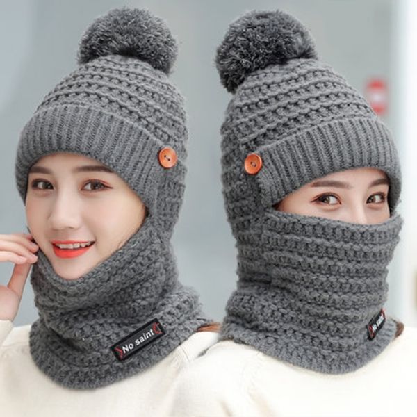 

winter hats women knitted hat warm fur pompom cap skullies beanies for women girls mask hats y200103, Blue;gray