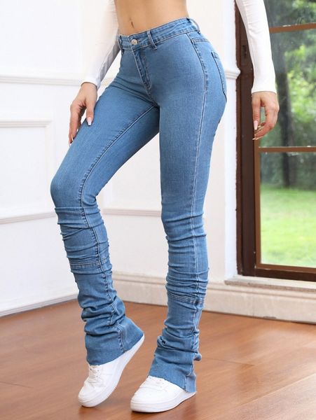 

solid ruched skinny jeans p4jc#, Blue