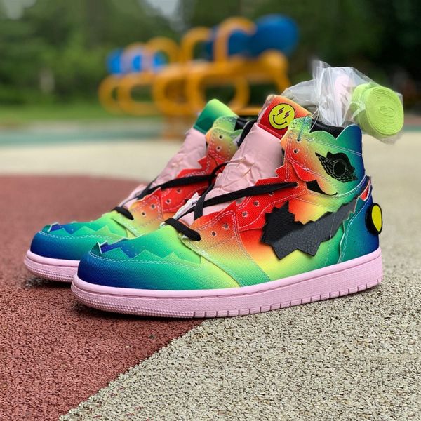 

j balvin x 1 high og mens basketball shoes 1s colores y vibras tie dye multi-color rainbow dc3481-900 mens trainer sports sneakers, White;red