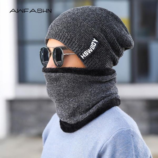 

awfashn] two-piece knitted hat scarf men's winter plus velvet thick elastic beanie autumn man cotton caps casual warm balaclava, Blue;gray