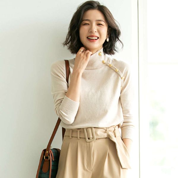 

xiuye fashionable high collar breasted t-shirt women's 2020 new korean pure color elastic mixed wool top, White;black