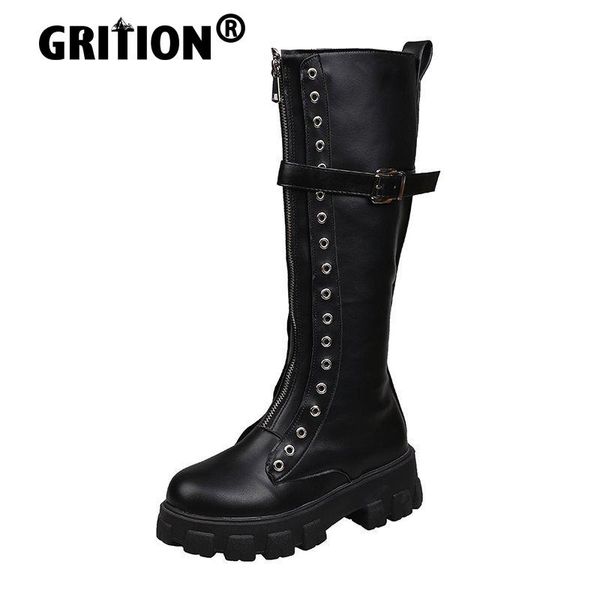 

boots grition women knee high punk chunky goth platform wedges shoes patent pu leather belt buckle fashion heels 43, Black
