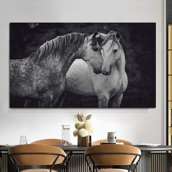Arte animale Cavalli in bianco e nero Pittura su tela Immagini di arte della parete per soggiorno Stampe d'arte astratta moderna Poster Decorazioni per la casa