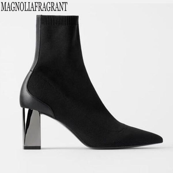 

new Women Black Ankle Sock Boots Fashion Autumn Stretch Boots Metal high heel Pointed Toe Women Shoes Knitting socks y770