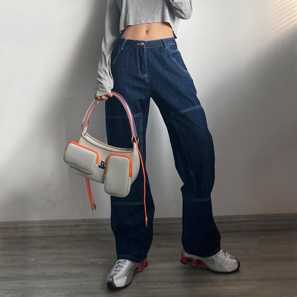 

women's jeans europe winter autumn loose casual women high rise contrast stitching straight leg jean dark wash relaxed fit denim pants, Blue
